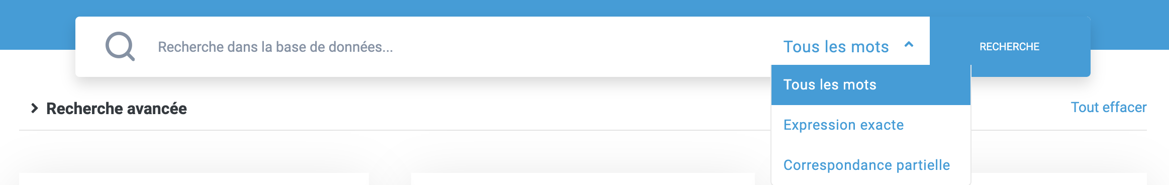 Menu et options de recherche